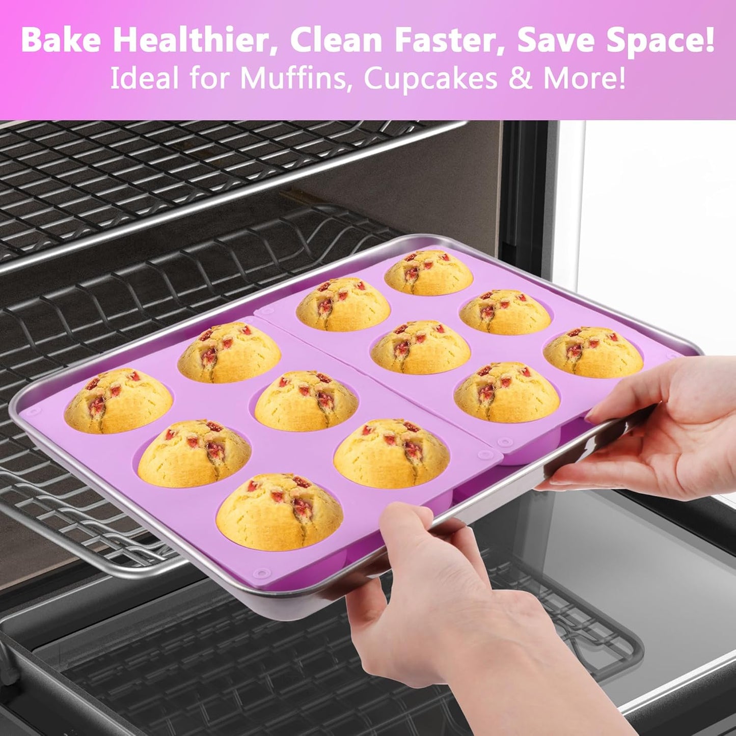 3-Pack Jumbo 6-Cup Silicone Muffin Pan - Non-Stick Baking Mold for Cupcakes, Muffin Cupcake Pans Molds for Baking, Cornbread, Eggs - Purple