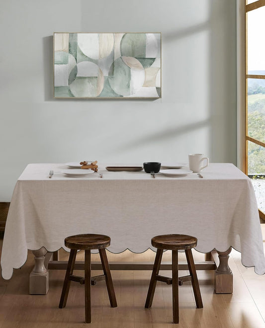 100% French Flax Linen Tablecloths Scalloped Embroidery Rectangle 120Lx60W Inch for Dinners, Parties, Spring, Machine Washable, 10-12 Sets, Linen(Edges-Green)