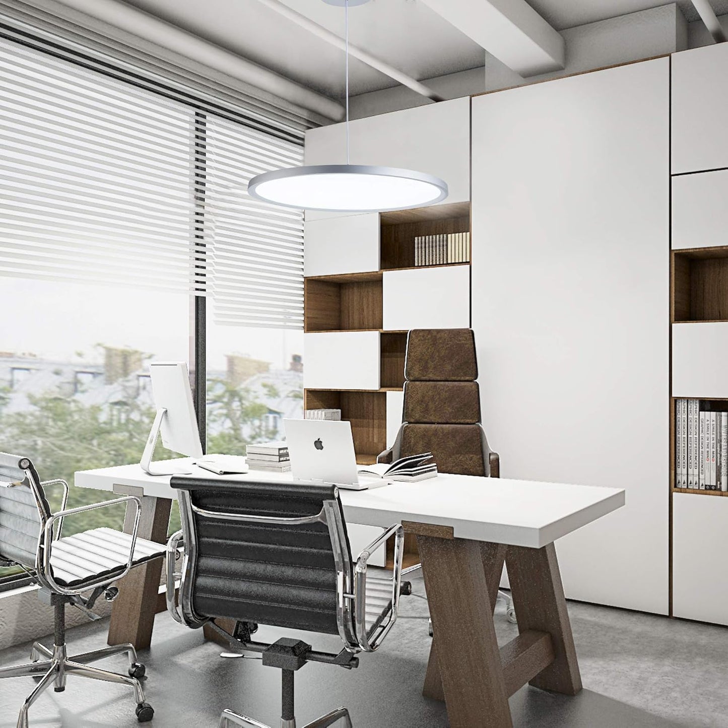 MADEM Modern LED Pendant Light 23.6'' Disc Chandelier Hanging Lighting Fixture with Acrylic Shape Dimmable Contemporary Chandelier 6000K for Office Dining Room Meeting Room Kitchen Island, Silver