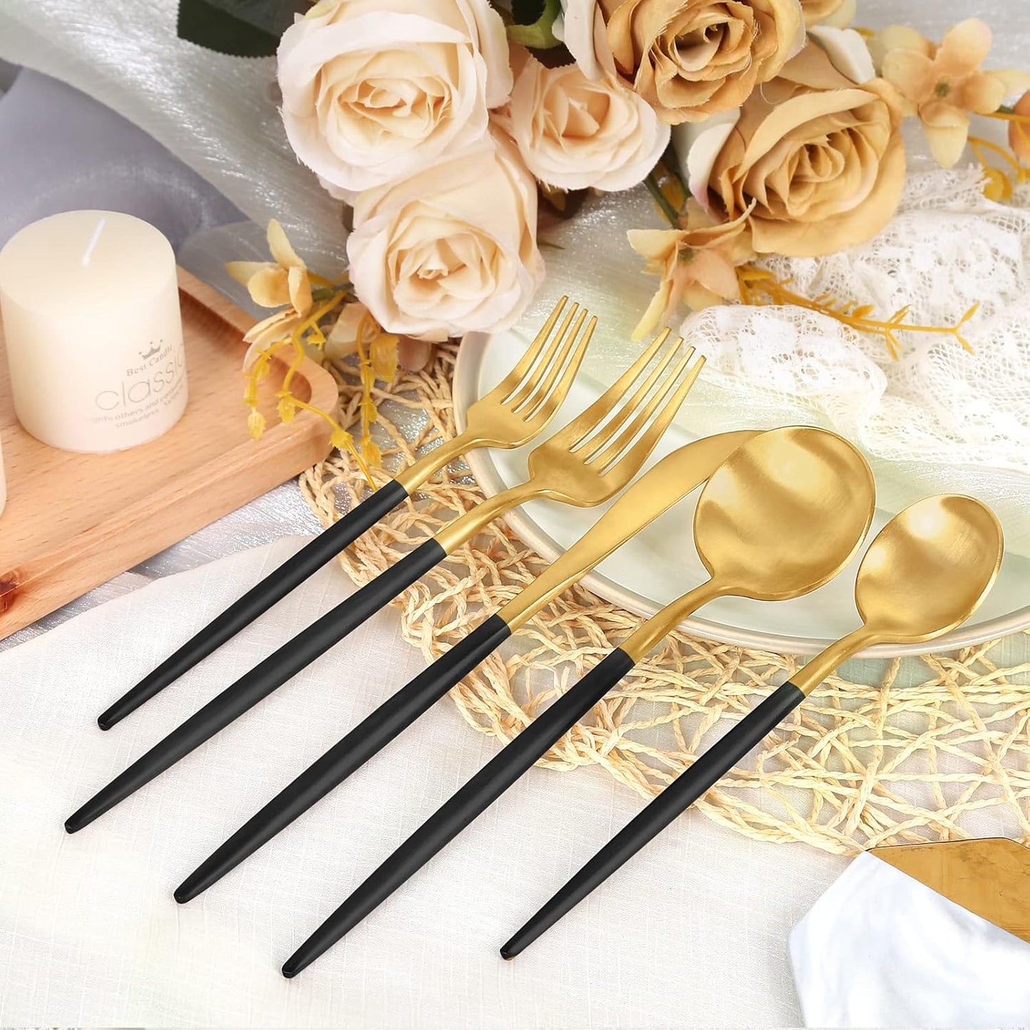 Matte Black and Gold Silverware Set 30 Pieces, FAMEWARE Stainless Steel Flatware Set Service for 6,Tableware Cutlery Set Satin Finished Polished & Dishwasher Safe