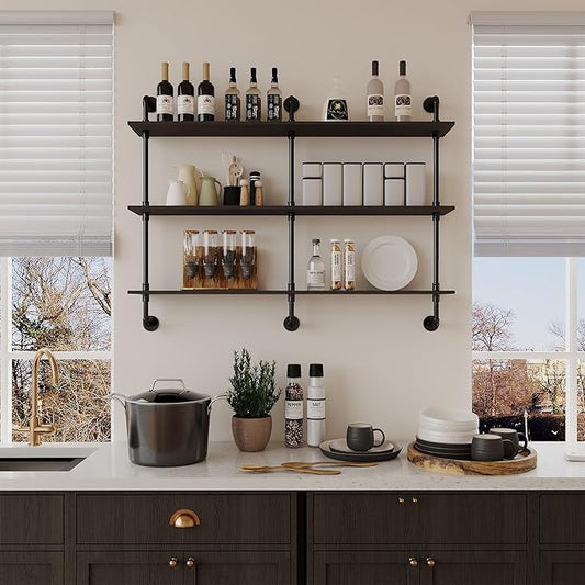 3-Tier Industrial Pipe Floating Shelf – Rustic 48 inch Wood Wall-Mounted Storage Shelf for Kitchen Office,Bathroom & Home Decor -Black