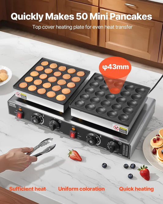 VEVOR 50PCS Mini Dutch Pancake Maker, Non-stick Stainless Steel Dorayaki Baker, 1800W Commercial Electric Poffertjes Grill Pan, Dual Temp & Time Control, for Kitchen Restaurant Breakfast Dessert