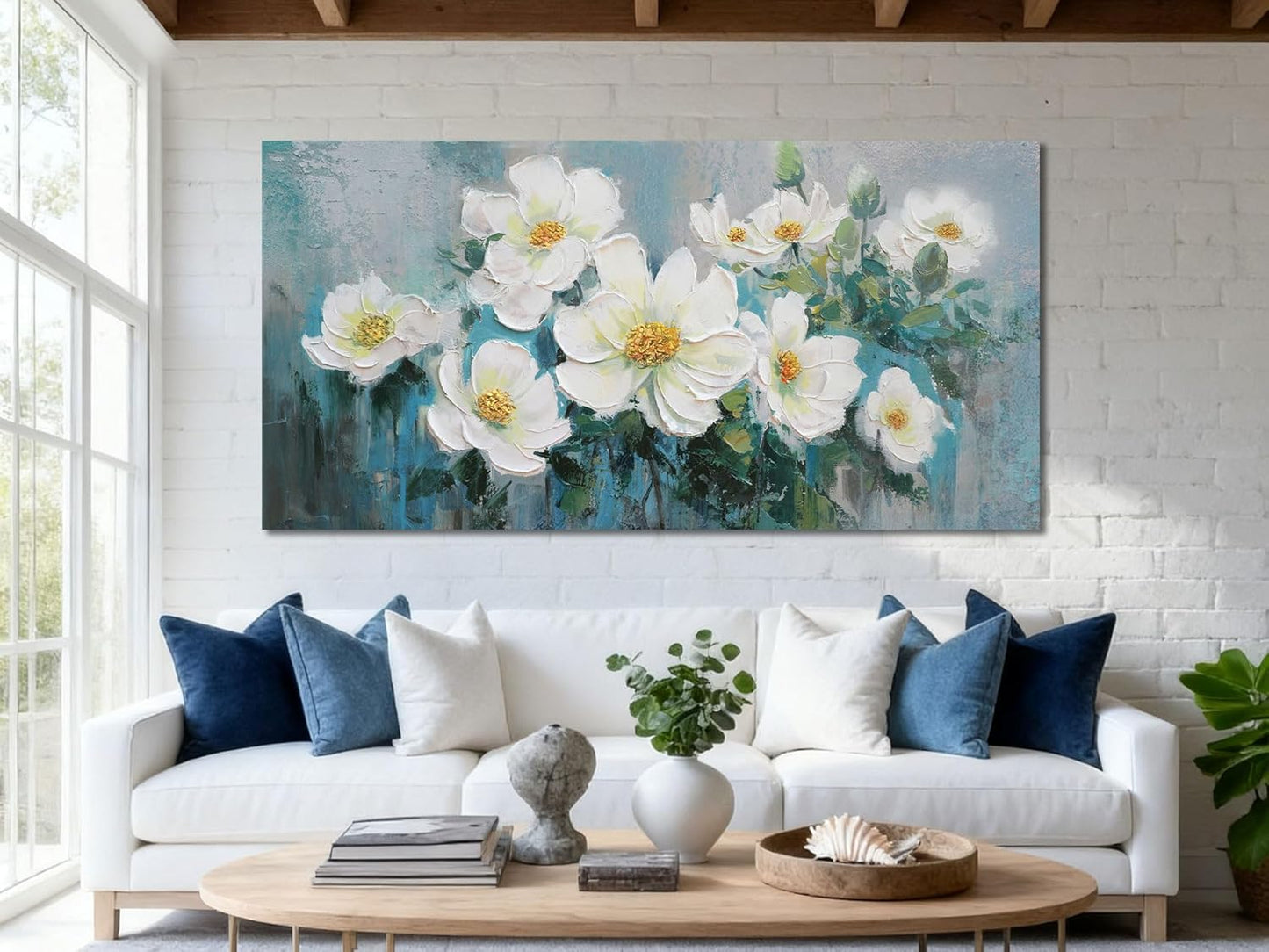 Ardemy White Floral Canvas Wall Art Large Teal Textured Pictures Wall Decor Turquoise Paintings Artwork for Living Room Bedroom Home Office, 40"x20"