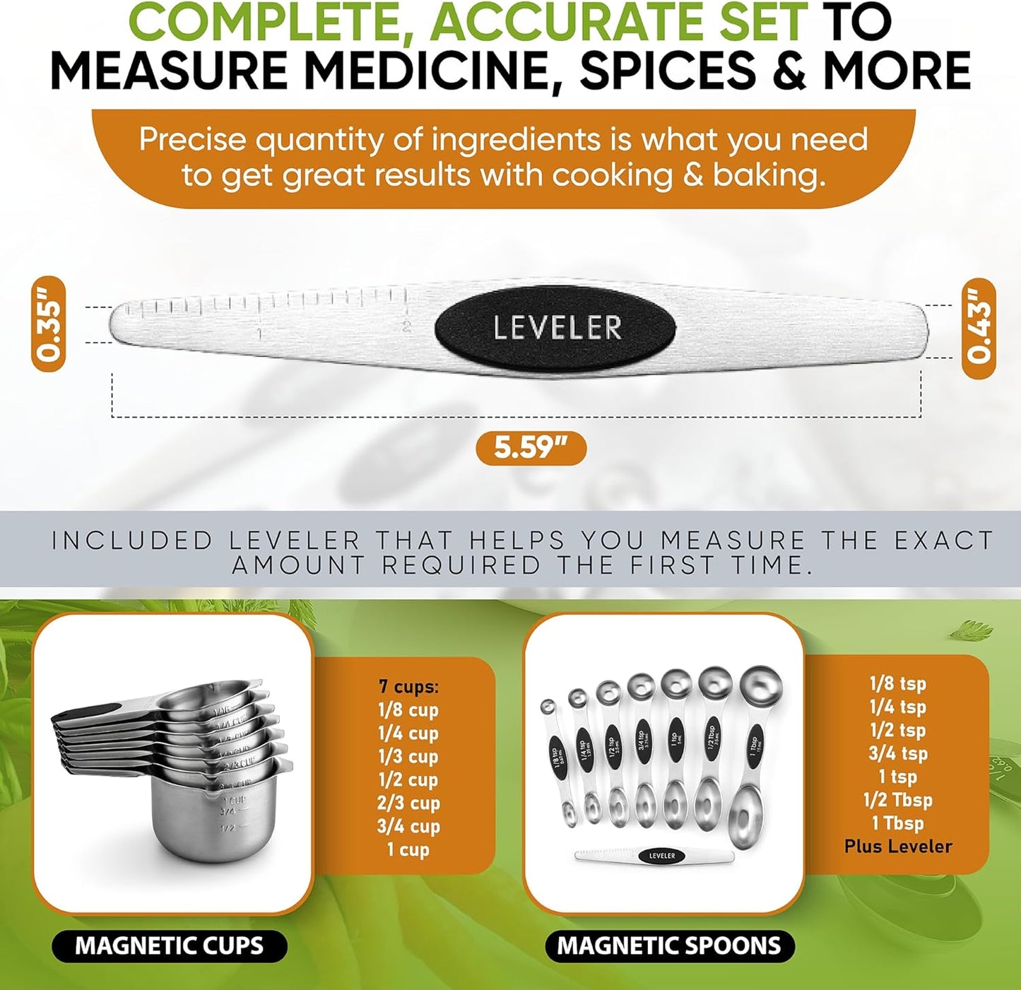 Spring Chef Magnetic Measuring Cups & Spoons Set, Patented, Strong N45 Magnets, Heavy Duty Stainless Steel Fits in Spice Jars for Baking & Cooking, BPA Free, Round Set of 15 with Leveler, Black