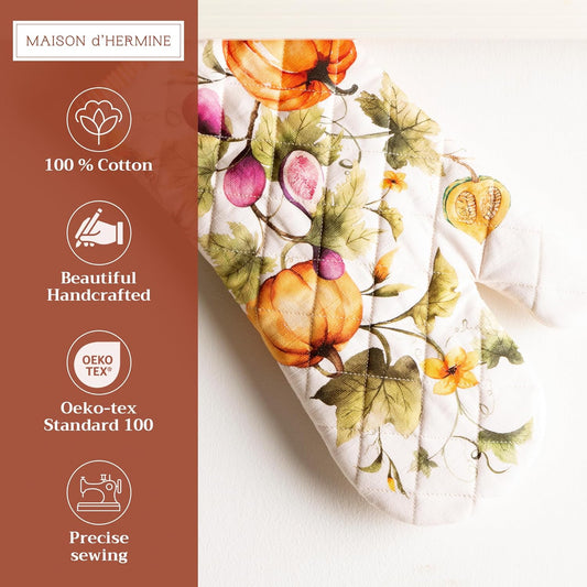 Maison d' Hermine Oven Gloves 100% Cotton Oven Mitt 7" x 13" with Loop Heat Resistant Cooking Gloves for Thanksgiving Christmas Decorations Handling Hot Pans (Pack of 1, Pumpkin Garden - Cloudy Cream)