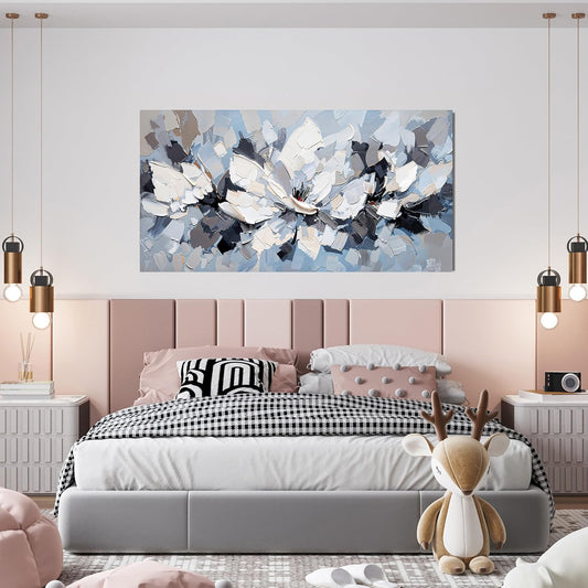 Canvas Wall Art Decor Modern White Wall Art for Living Room Abstract Canvas Art Wall Decor Flower Pictures Abstract Blue Wall Art Prints Artwork for Walls Bedroom Office Home Decor 20" X 40"