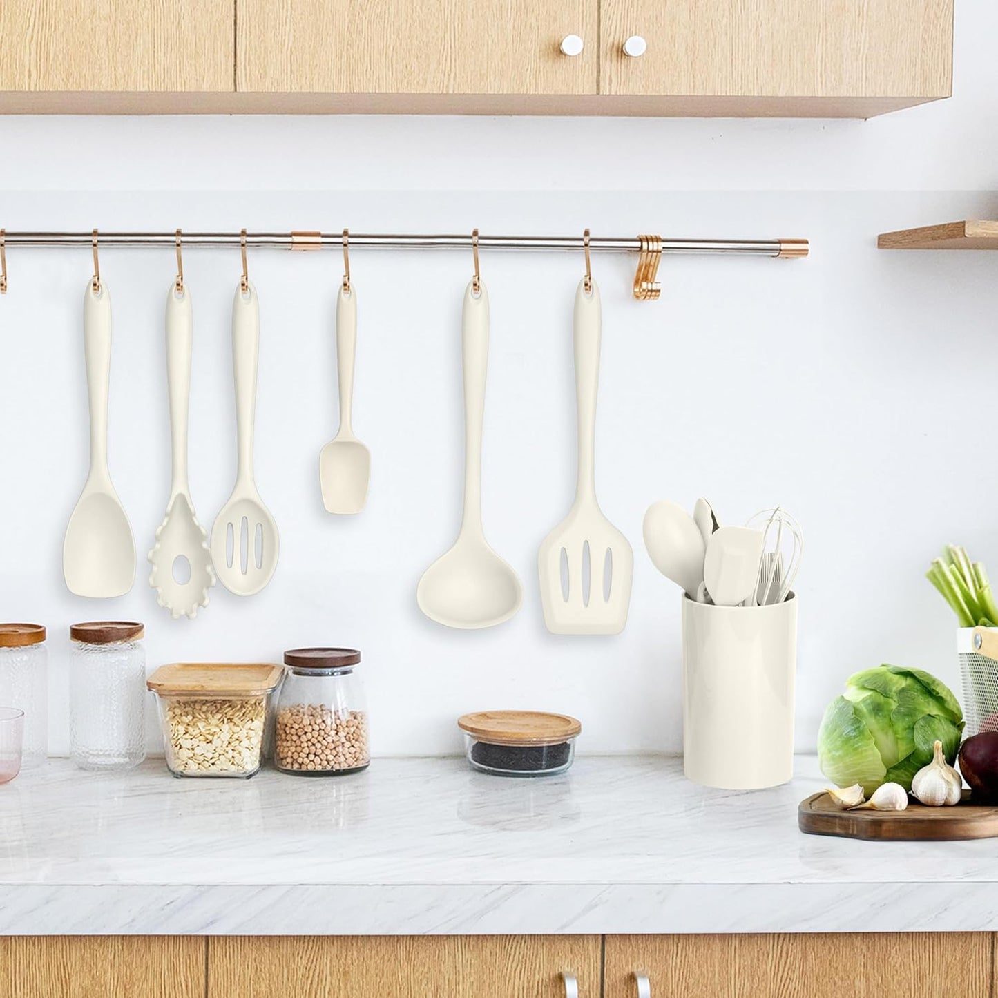 LIANYU 14 Pcs Kitchen Utensils Set with Holder, Silicone Cooking Utensils Spatula Set, Heat Resistant Cookware Tools Includes Spoon Turner Whisk Tong, Dishwasher safe, Cream White