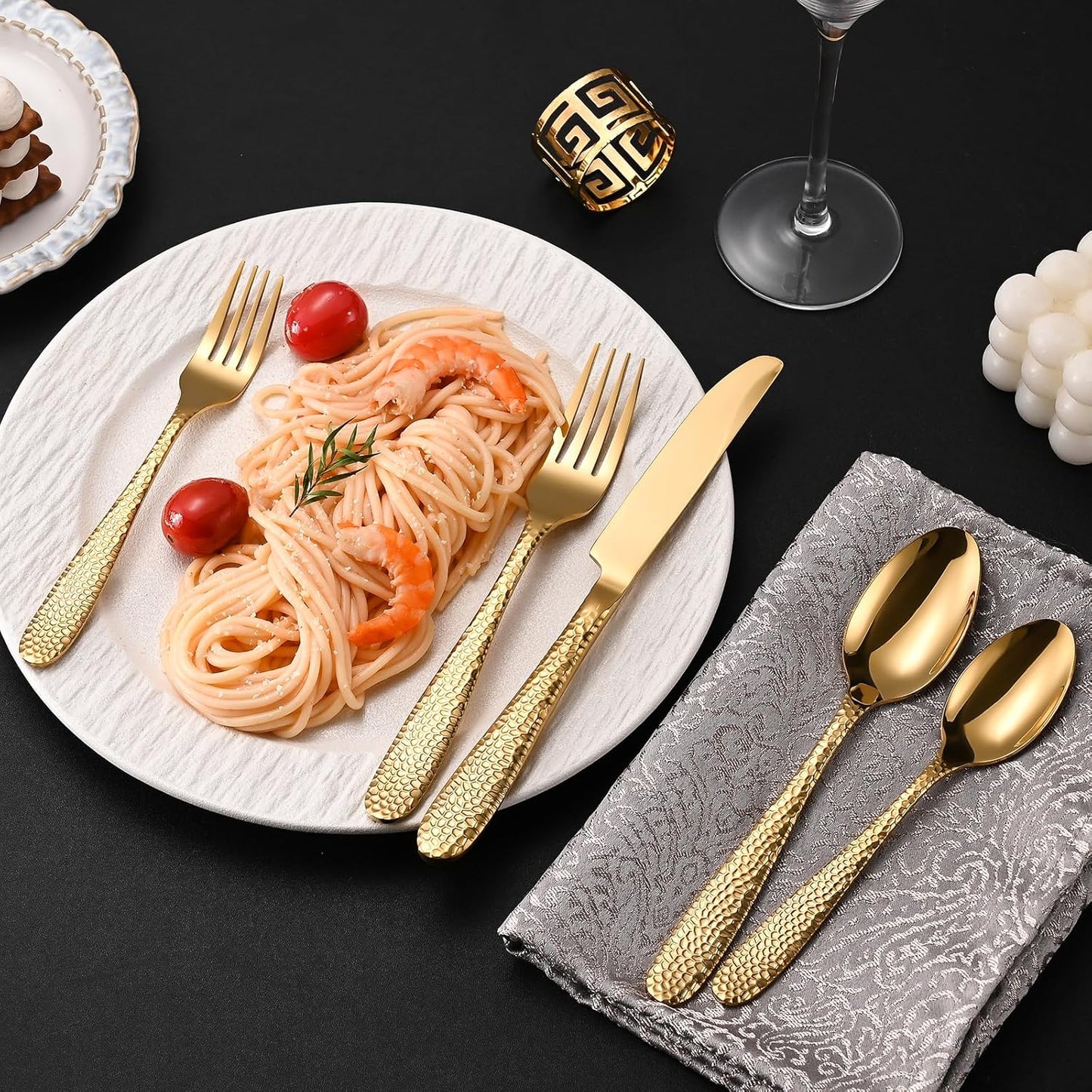 Gold Hammered Silverware Set, 40-Piece Heavy Duty Stainless Steel Flatware Sets for 8, Food-Grade Cutlery Set for Home Restaurant, Mirror Polished, Dishwasher Safe