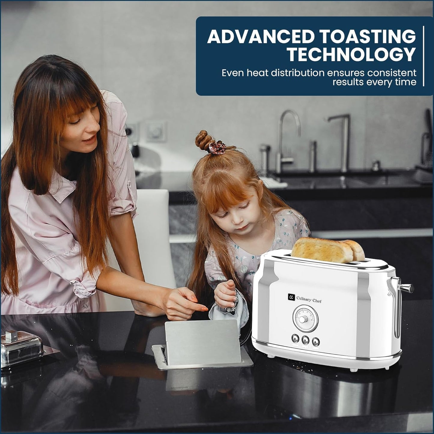 CULINARY CHEF, 2 Slice Toaster, Retro Style, Wide Slot for Bread, English Muffins, Croissants, and Bagels, 6 Adjustable Toast Settings, Cancel and Defrost, 900w, White