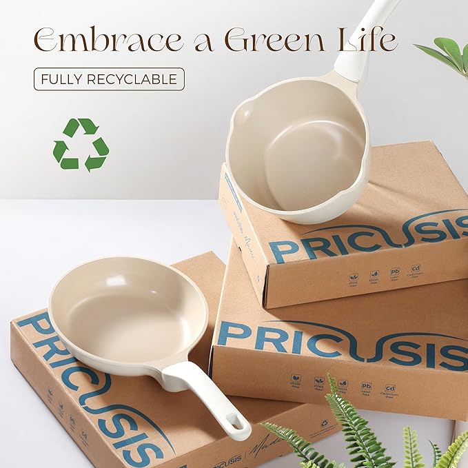 PRICUSIS Nonstick Ceramic Frying Pan with Lid, 8/10 Inch Skillet with Stay Cool Handle, Fully Coated, 100% Dishwasher Safe, Oven Safe, PTFE PFAS & PFOA Free (8 Inch, Coconut White