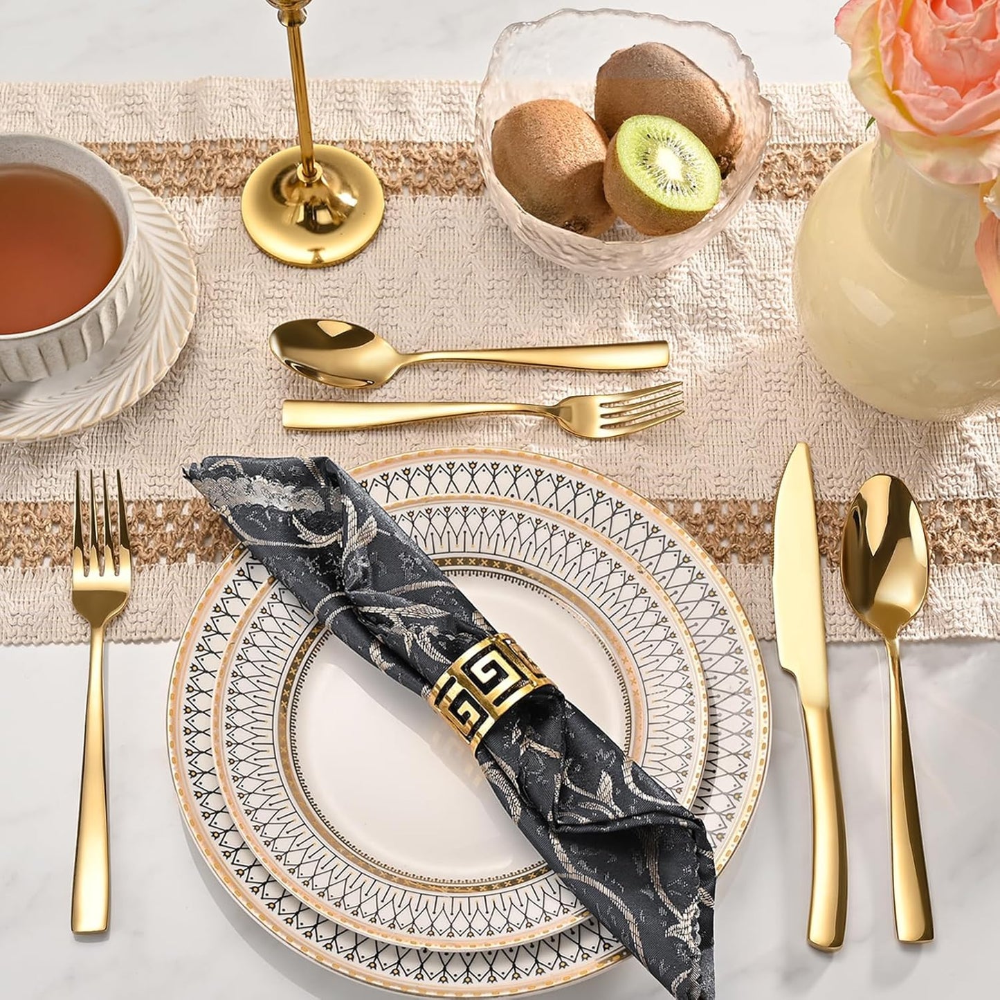 40-Piece Black Silverware Set, Heavy Duty Stainless Steel Flatware Cutlery Set Service for 8, Food-Grade Utensil Sets for Home Restaurant, Dishwasher Safe (Gold, 40)