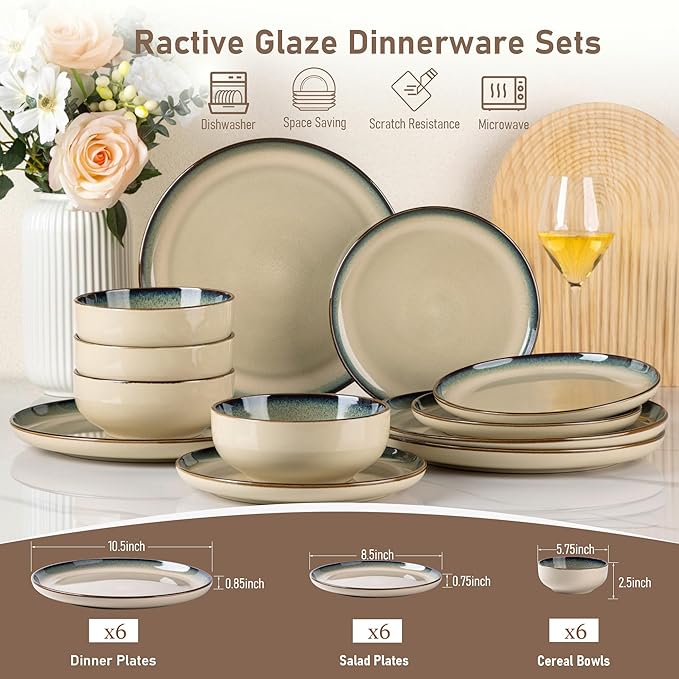 GBHOME Ceramic Dinnerware Sets for 6, 18 Pieces Stoneware Plates and Bowls Sets, Reactive Glaze Dishes -Scratch Resistant, Dishwasher&Microwave Safe,Pale Khaki