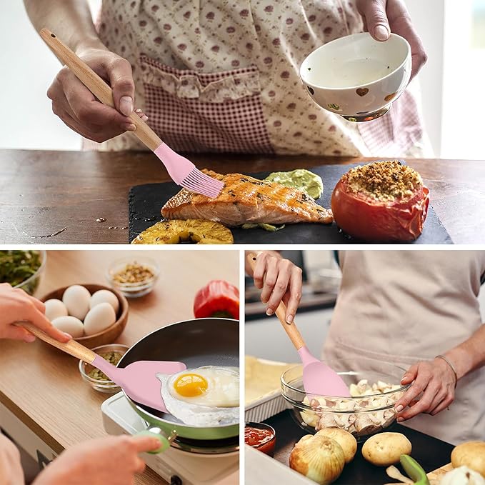 E-far Kitchen Utensils Set of 12, Silicone Cooking Utensils with Holder, Non-stick Cookware Friendly & Heat Resistant, Includes Spatula Tong Whisk Ladle Brush Slotted Turner Spoon(Pink)