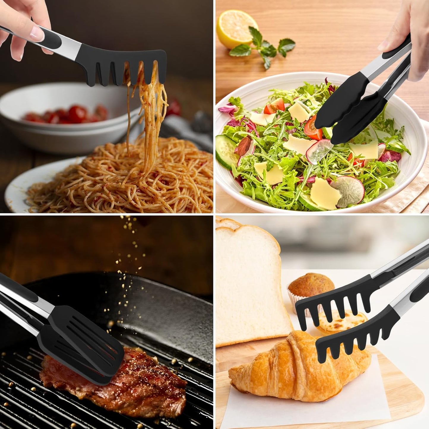 3 Pack Silicone Tongs for Cooking,Maywe Tanso 9 Inch Cooking Kitchen Tongs with Silicone Tips,Nonstick Stainless Steel Tongs for Steak Pie Pizza Pasta Spaghetti Salad BBQ Buffet