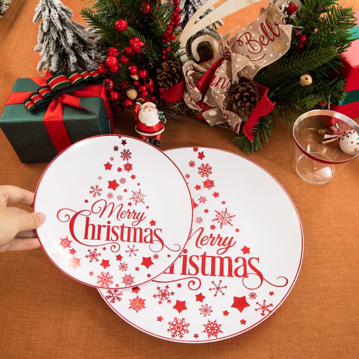 Morejoy 175PCS Christmas Plastic Dinnerware Set - White/Red Plates & Red Plastic Silverware Include 25 Plates, 25 Cups, 25 Forks, 25 Knives, 25 Spoons, 25 Napkins Perfect for Holidays
