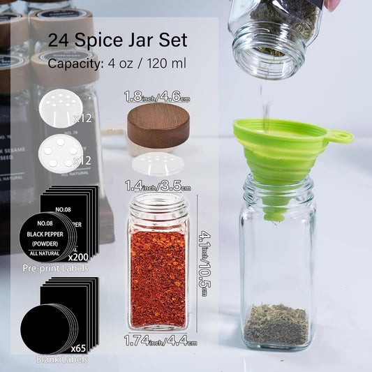 Spice Jars with Labels 24 Pack 4 oz Glass Spice Containers with Wooden Lids, Empty Seasoning Jars Set with Funnel, Brush & Marker, Square Glass Jars for Kitchen Pantry Organization & Storage
