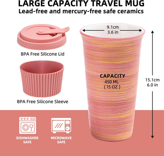Travel Coffee Mug Pink, Ceramic Coffee Mug With Lid And Drinking Straw(15oz/450ml), Handcrafted Novelty Travel Mugs, Microwave & Dishwasher Safe Tumbler With Lid, Unique Gifts