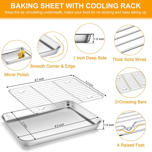 Homikit Baking Sheet with Wire Rack, 9 x 7 Inch Stainless Steel Cookie Sheets for Baking, Small Baking Pan with Cooling Rack, Nonstick Metal Mini Toaster Oven Bacon Tray, Rust Free & Dishwasher Safe