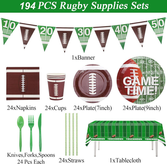 Football Plates and Napkins Sets Sports Paper Plates,Football Birthday Party Supplies Disposable Tableware Sets Rugby Plate with Touchdown Tablecloth for Gameday Tailgate Party Decorations Serve 24
