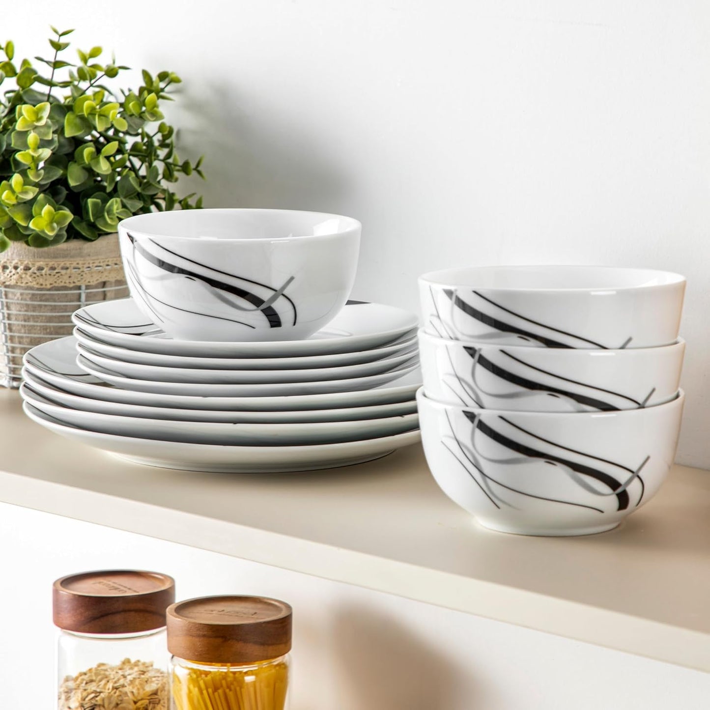 VEWEET Porcelain Dinnerware Sets for 4, 12 Pieces Plates and Bowls Set with Black and Grey Ribbon Lines, Dishes Set Dining Ware for Dinner, Microwave and Dishwasher Safe, Series FIONA