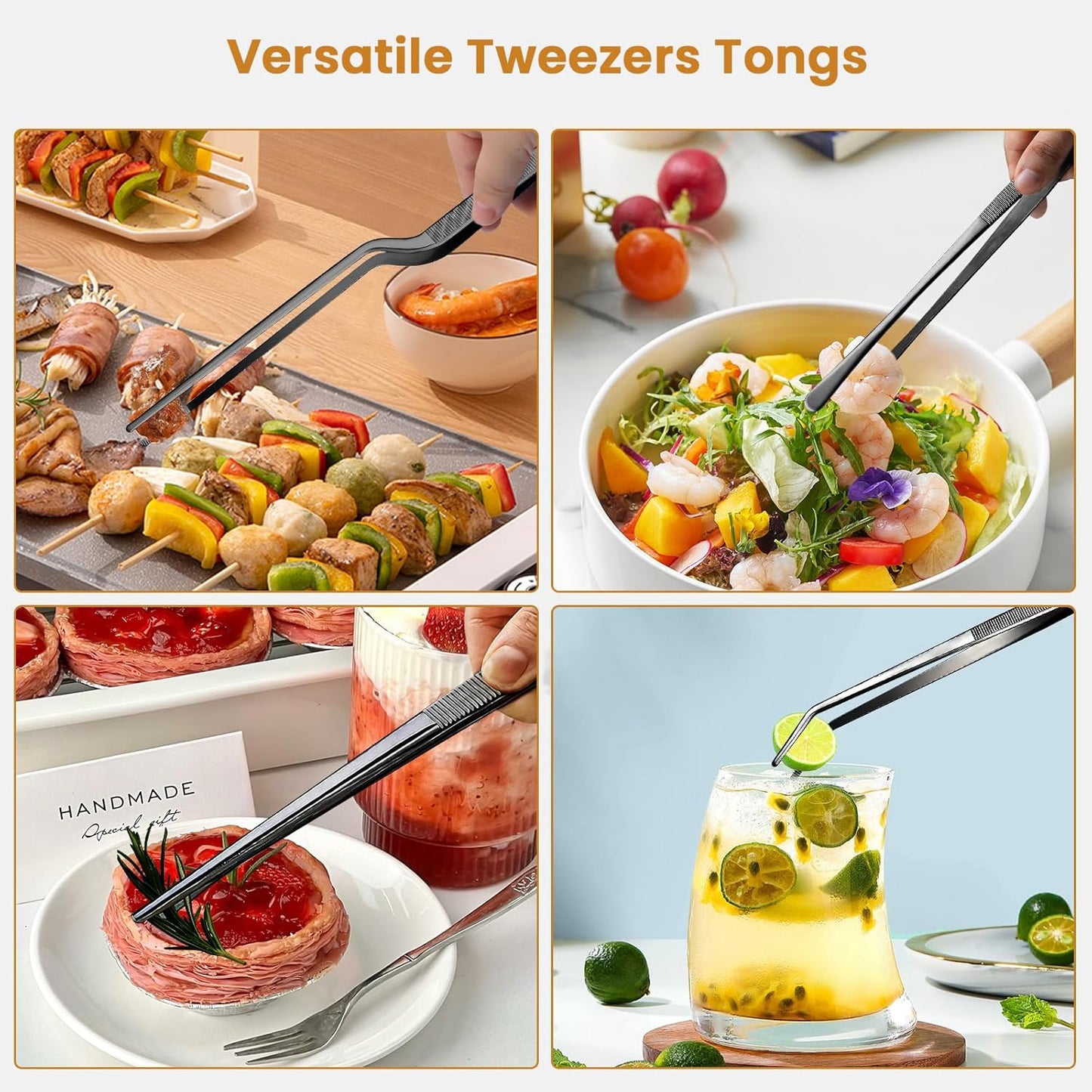 GEEKHOM 4 Pcs 12-Inch Black Heavy Duty Tweezer Tongs, Commercial Grade Stainless Steel for Grill Masters, BBQ Catering & Outdoor Cooking