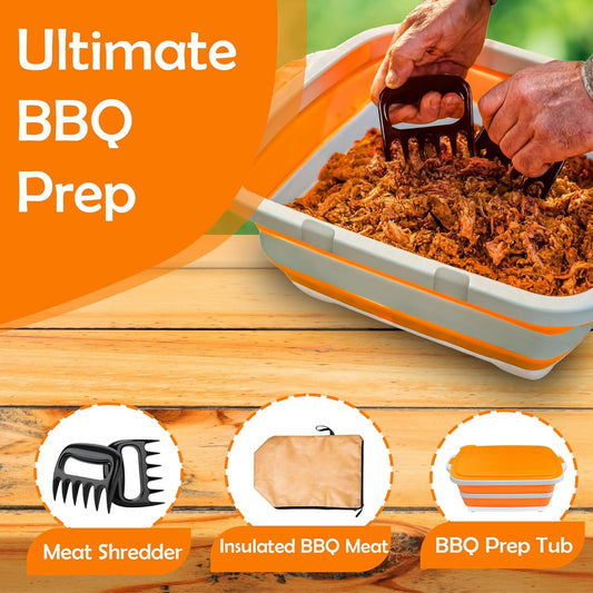 3 in 1 BBQ Prep Tub Set, XL 8L Collapsible Cutting Board Tub & Food Container with Lid, Includes 2 Meat Shredder Claws, Resting Blanket & Carry Bag, Ideal Grilling Tub for Camping & Outdoor Cooking
