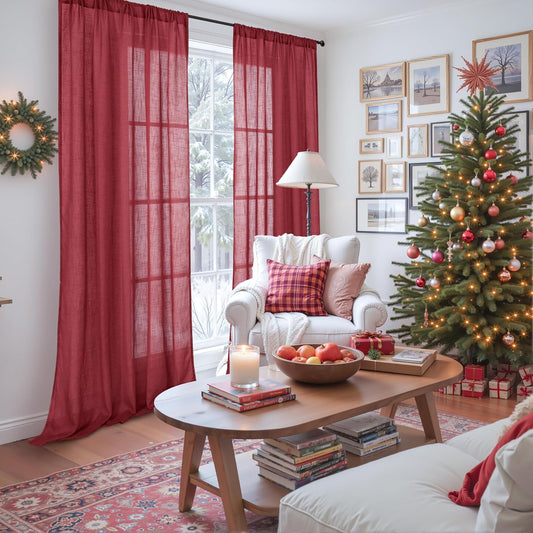 BGment Semi Sheer Burgundy Curtains for Living Room Christmas Decor - Linen Textured Light Filtering Window Drapes with Rod Pocket for Dining Bedroom Lightweight, 2 Panels Set, 52 X 80 Inch