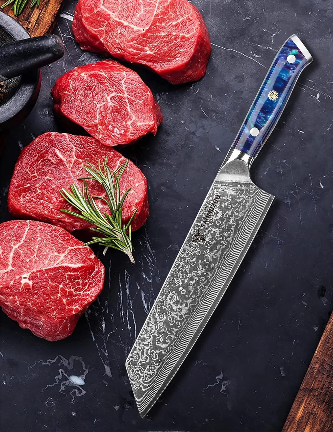 8.5 inch Kiritsuke Kitchen Chef Knife - 67 Layers Damascus Steel & Resin Handle - Xuan Series(Sapphire Blue)