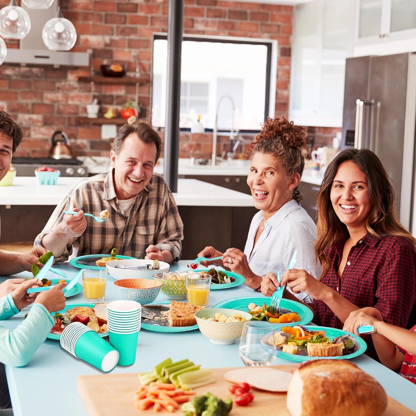 TWOWYHI 228PCS Teal Blue Party Supplies Set Include Paper Plates Cups Teal Blue Napkins Plastic Spoons Forks Knives for 30 Guests Disposable Party Dinnerware for Birthday Wedding Family Picnic