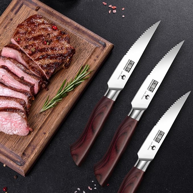 HOSHANHO Steak Knife Set 8 Pieces, 4.5 Inch Super Sharp High Carbon Stainless Steel Steak Knife Set, Professional Premium Serrated Precise Cutting with Ergonomic Wood Handle