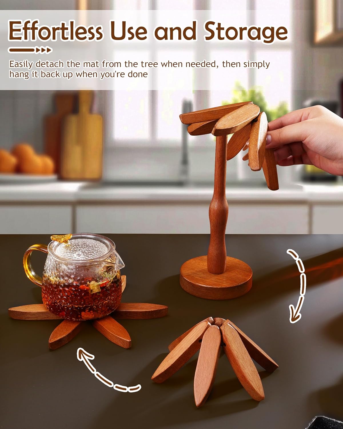 4pcs 8 Inch Walnut Wooden Trivets for Hot Dishes, Hot Pots and Pans, Anti Stain Natural Wood Pot Holders for Kitchen Counter Decor, Wooden Collapsible Tree Coasters with Organizer Dinner Placemats