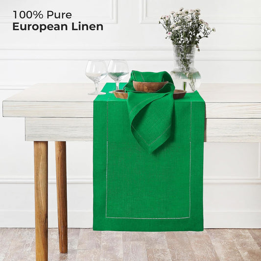D'Moksha Homes Linen Kelly Green Table Runner 48 Inches - Classic Hemstitch, 100% Pure Linen Coffee Table Runner 14 x 48 Inch Ideal for Dresser Tables - Fall, Autumn and Halloween