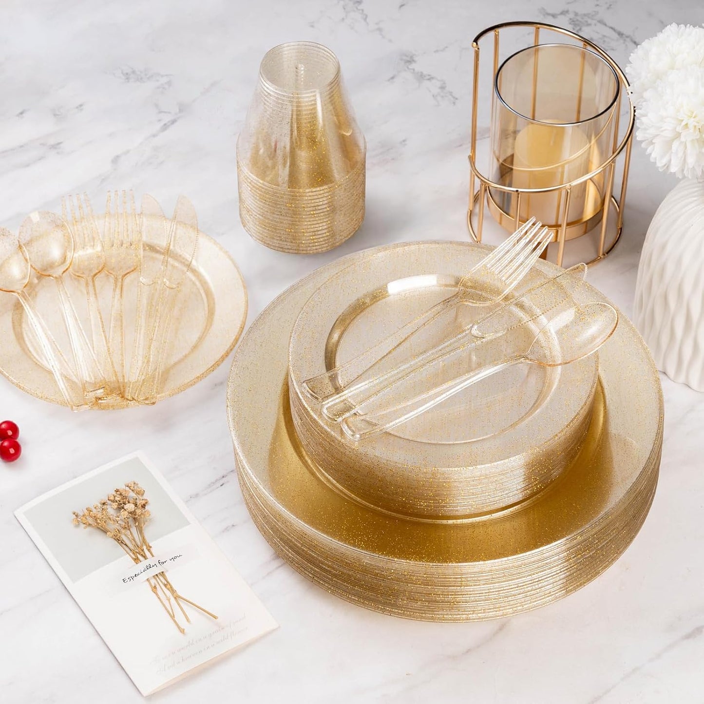 Goodluck 150PCS Gold Glitter Plastic Silverware, Glitter Utensil Disposable, Plastic Cutlery Set of 50 Forks, 50 Spoons, 50 Knives for Wedding, Party, Christmas