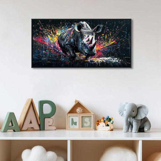 QZQCBLC Large Canvas Wall Art - Colorful Abstract Graffiti Pop Street Paintings Artwork Black and White Rhino Pictures for Living room Bedroom Bar Men's Teenager Game Room Modern Home Decor 20X40