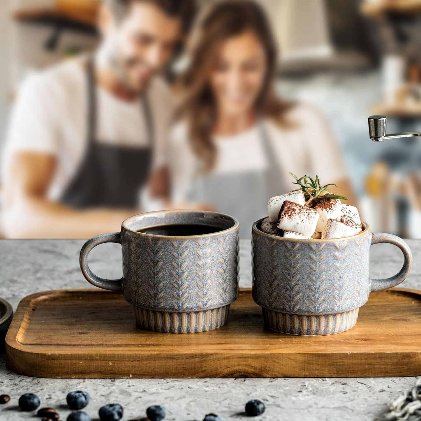 Coffee Mugs Set of 4 with Spoons & Stand, Stackable Espresso Cups 13oz Coffee Mug for Drinks Latte Cappuccino Tea, Coffee Cup for Women Men Couples Housewarming Birthday Gift, Dishwasher Safe