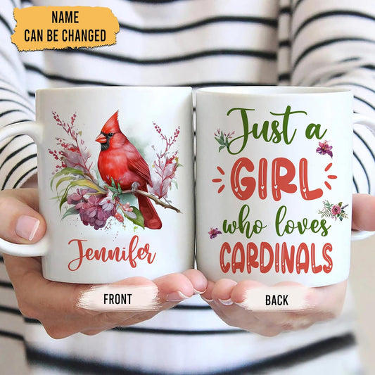 Hyturtle Personalized Gifts Cardinal Lover - Just A Girl Who Loves Cardinals Custom Name Ceramic Coffee Mug Cup 11oz - Idea Cute Animal Lover Gifts For Women, Girl On Birthday, Christmas