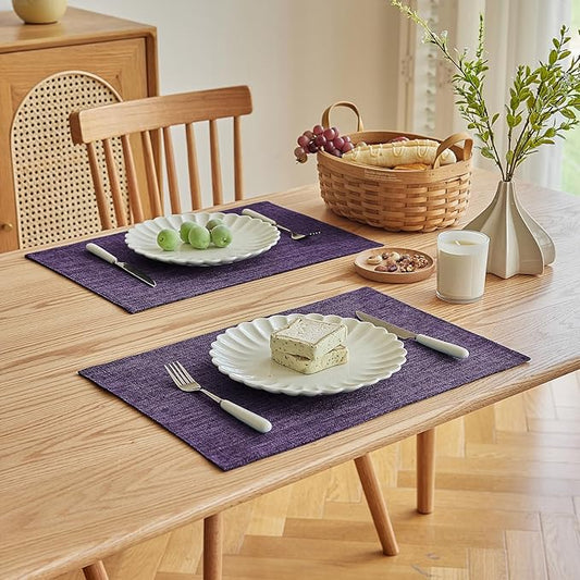 Softalker Faux Linen Placemats Set of 12-12 x 18 Inch, Heat Resistant Double Layered Durable Burlap Farmhouse Place Mats, Non-Slip Washable Rustic Table Mats for Dining, Kitchen, Party(Purple