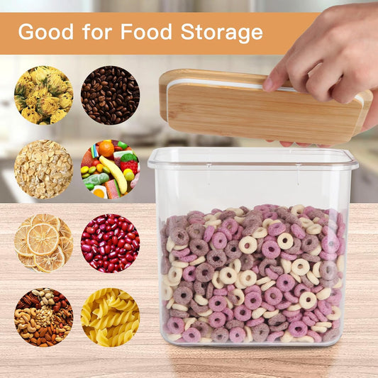 Large Capacity Plastic Food Storage Containers with Bamboo Lid - Moisture-proof Sealing Box Jars with Wooden Lids for Kitchen Storage (128 OZ - L)