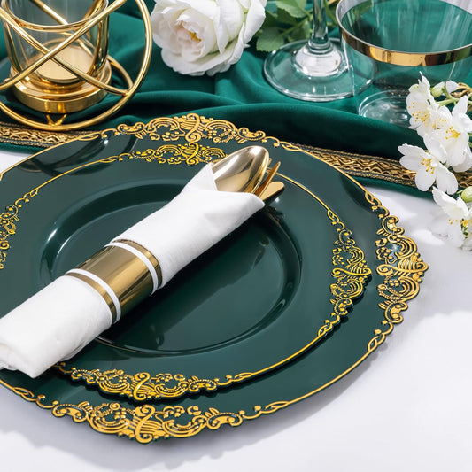 Nervure 350PCS Green Plastic Plates - Green Gold Plastic Dinnerware Sets for 50 Guests - 100 Disposable Plates, 150 Gold Silverware, 50 Cups, 50 Napkins for Wedding & Party & Christmas