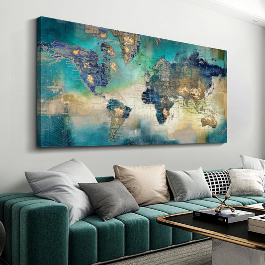 Large World Map Canvas Prints Wall Art for Living Room Office 30x60 Green World Map Picture Artwork Decor for Home Decoration