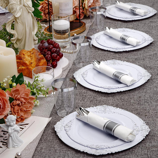 Hioasis 210pcs White and Silver Plastic Plates - Disposable Dinnerware Set Suitable for 30 Guests Include 10.25 Dinner & 7.5 Dessert Plates, Pre Rolled Silverware Set, Cups for Party & Thanksgiving
