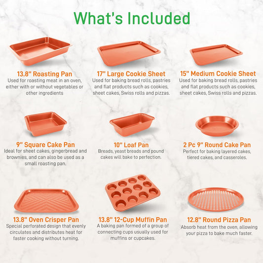 NutriChef 10-Piece Kitchen Oven Baking Pans - Deluxe Carbon Steel Bakeware Set with Stylish Non-stick Gray Coating Inside and Out, Dishwasher Safe & PFOA, PFOS, PTFE Free