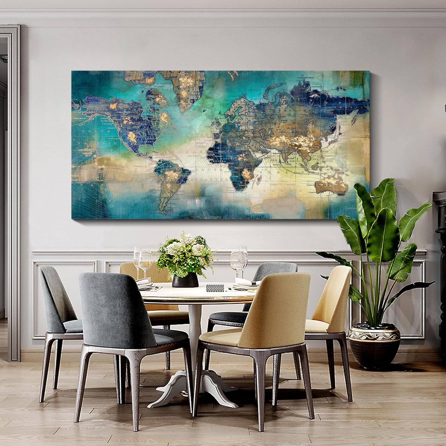Large World Map Canvas Prints Wall Art for Living Room Office 30x60 Green World Map Picture Artwork Decor for Home Decoration