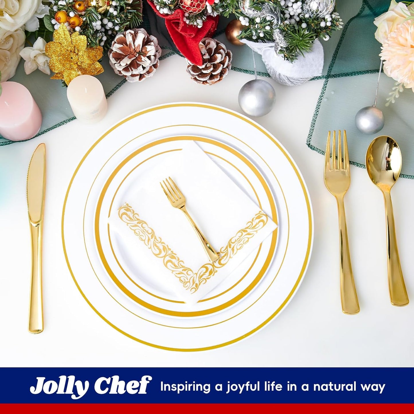 250 Count Gold Disposable Plastic Dinnerware Set, 50 Gold Plastic Plates, 25 Silverware, 25 Cups and Straws, 50 Napkins, Perfect for Wedding Party