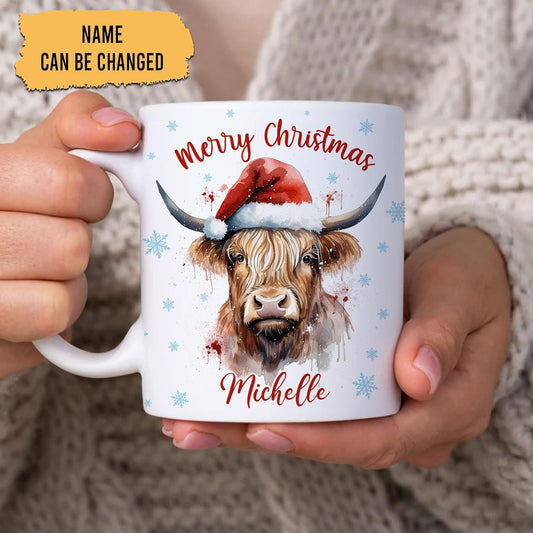 Hyturtle Personalized Gifts Highland Cow Lover - Highland Cow Wearing Santa Hat Custom Name Ceramic Coffee Mug Cup 11oz - Cute Animal Lovers Gifts For Women, Girl kids Family On Birthday, Christmas