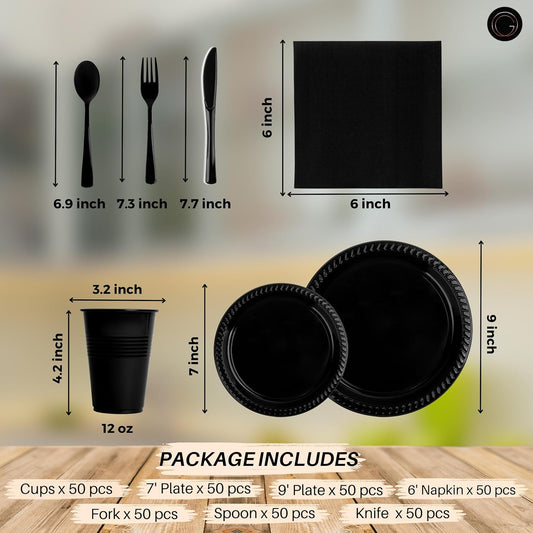 Grandipity 350 Piece Black Dinnerware Set, 50 Guests Plastic Party Plates, Cups, Napkins, Forks, Knives & Spoons