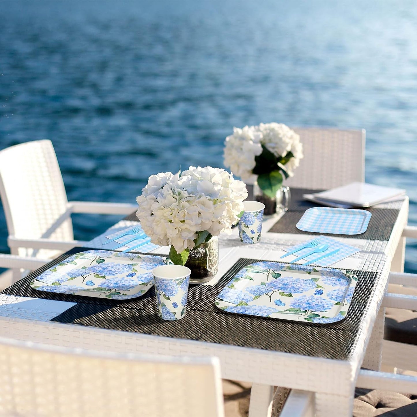 350 Pcs Paper Plates and Napkins Set Disposable Dinnerware Party Supplies Tableware Serve 50 Guest Cups Knife Forks Spoon(Blue,Hydrangea Floral)