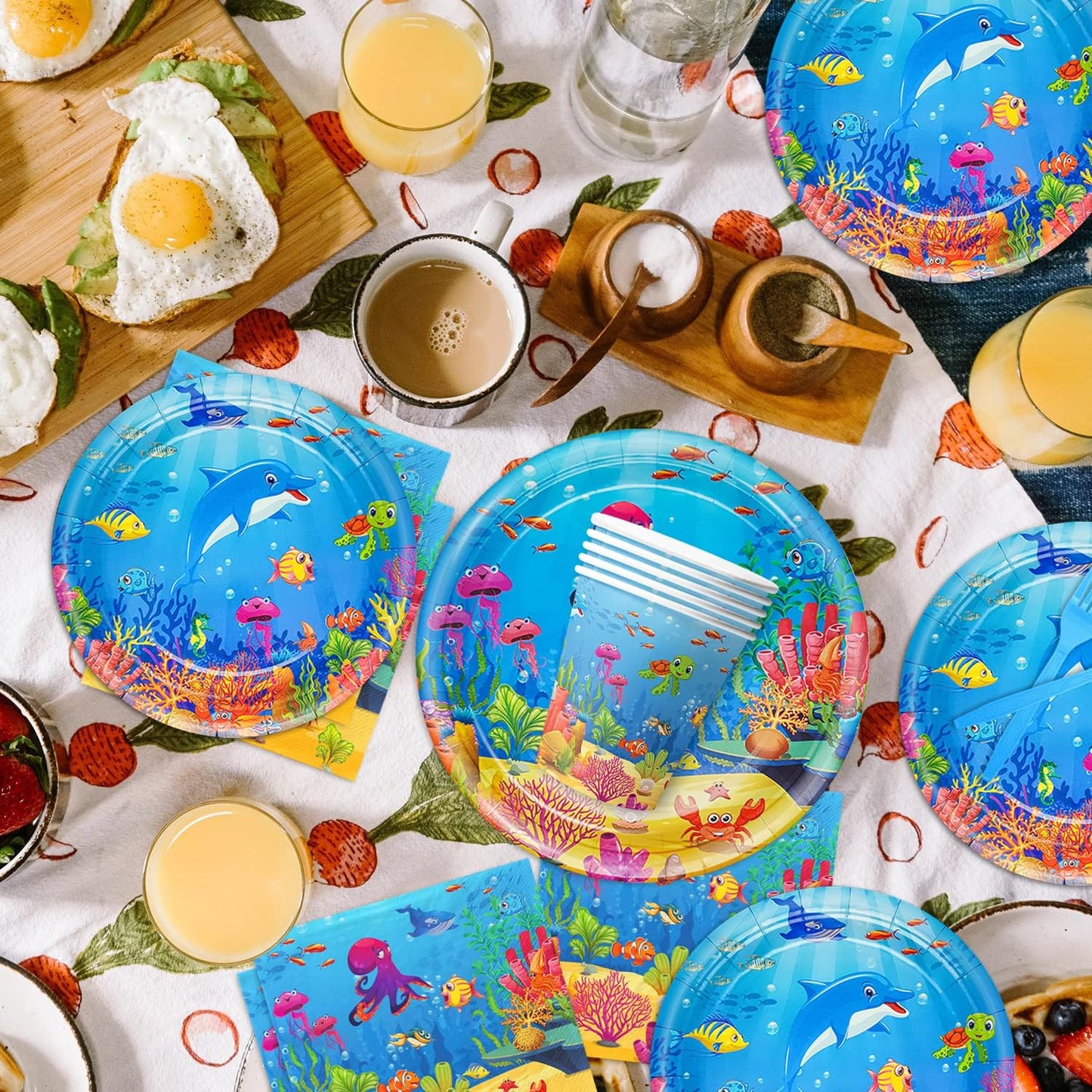 120 Pcs Under the Sea Party Decorations Ocean Birthday Party Plates and Napkins Set Sea Animal Theme Tableware Set Underwater Creatures Table Decor Supplies Paper Plates Napkins Cups for 24 Guests