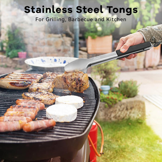 Hotec Stainless Steel Kitchen Tongs, Set of 2-9" and 12", Locking Metal Food Tongs for Cooking, Serving, BBQ, Grill Non-Slip Grip