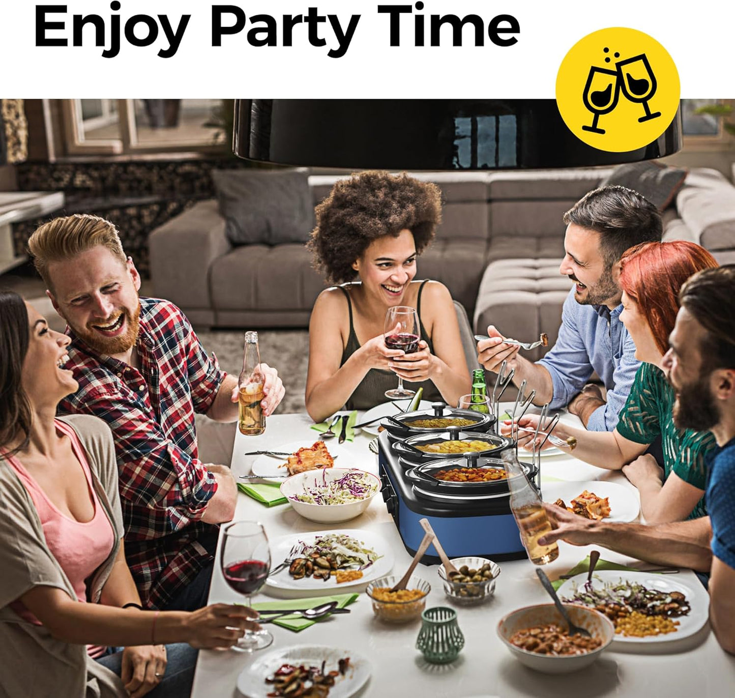 SUNVIVI Triple Slow Cooker, Buffet Food Warmer with 3 x 1.5 QT Removable Ceramic Pots, Buffet Servers and Warmers with Glass Lids and 3 Spoons, Stainless Steel, Blue